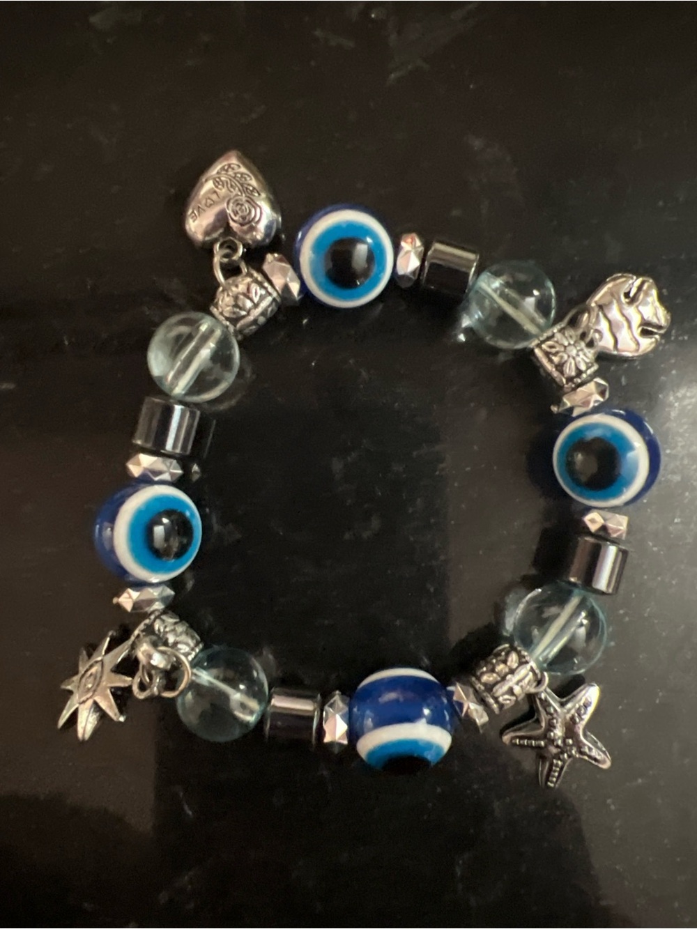 Blue Evil Eye Beaded Stretch Charm Bracelet Silver Beach Starfish Fish Heart Sta